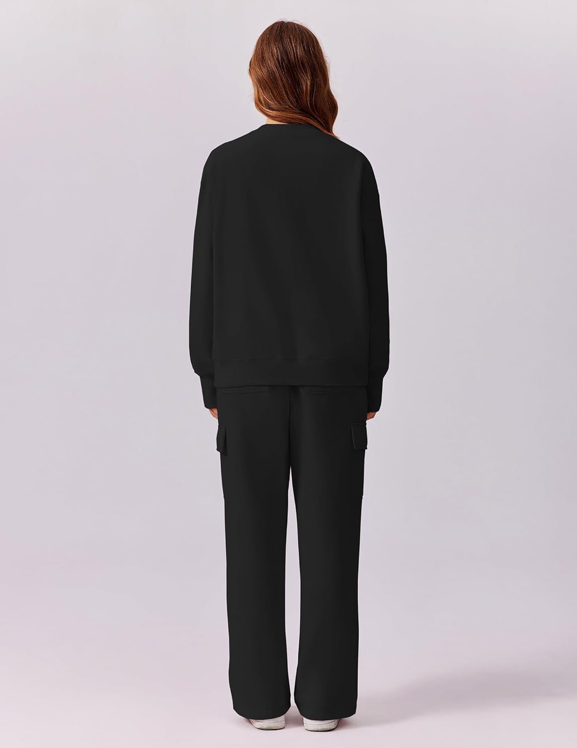 2-piece fleece sweatsuit sweatshirt wide leg cargo sweatpants set with pockets - Image 2