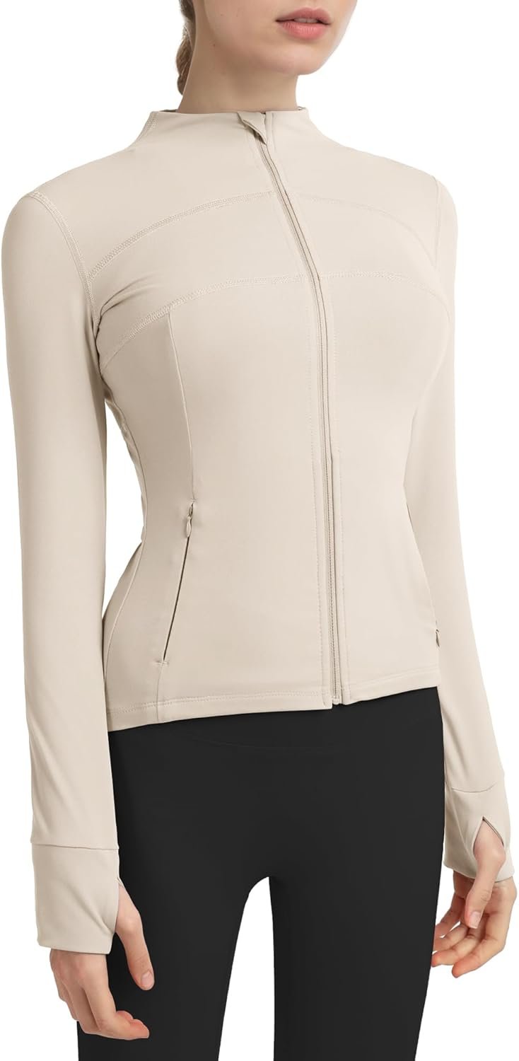Women’s slim fit workout running jacket full zip athletic yoga top thumb holes