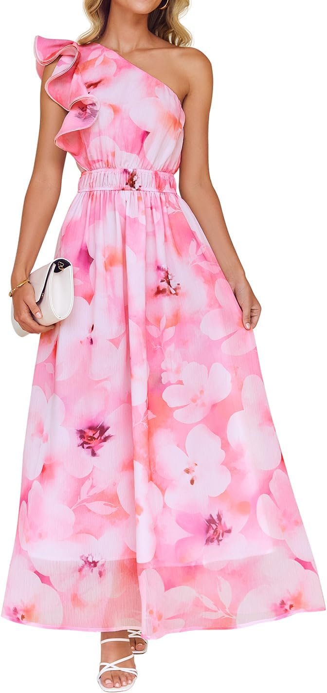 Women’s Floral One Shoulder Sleeveless Maxi Dress with High Waist
