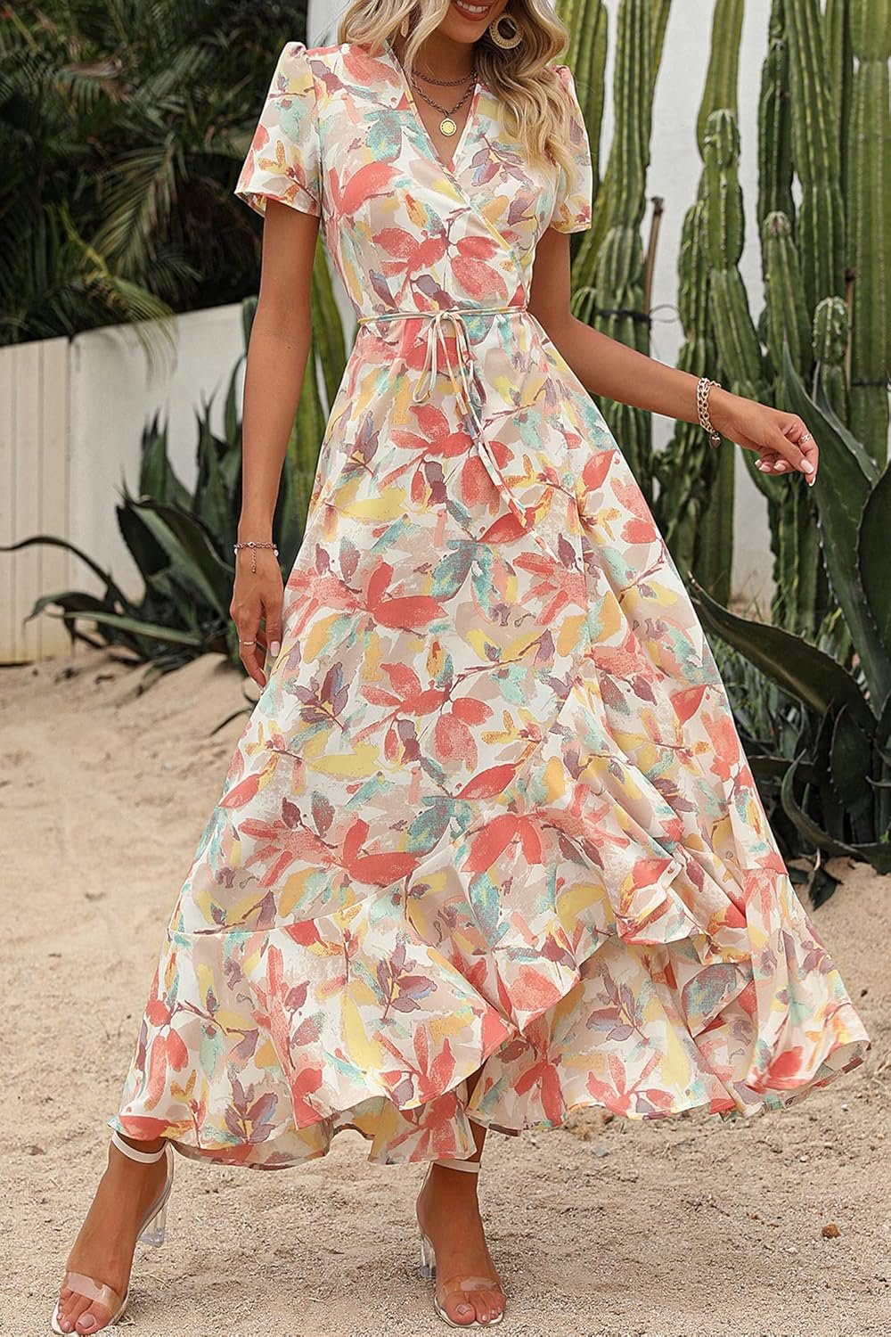 Women’s Floral Wrap Maxi Dress Short Sleeve V-Neck Split Hem Boho Beach Dress - Image 2