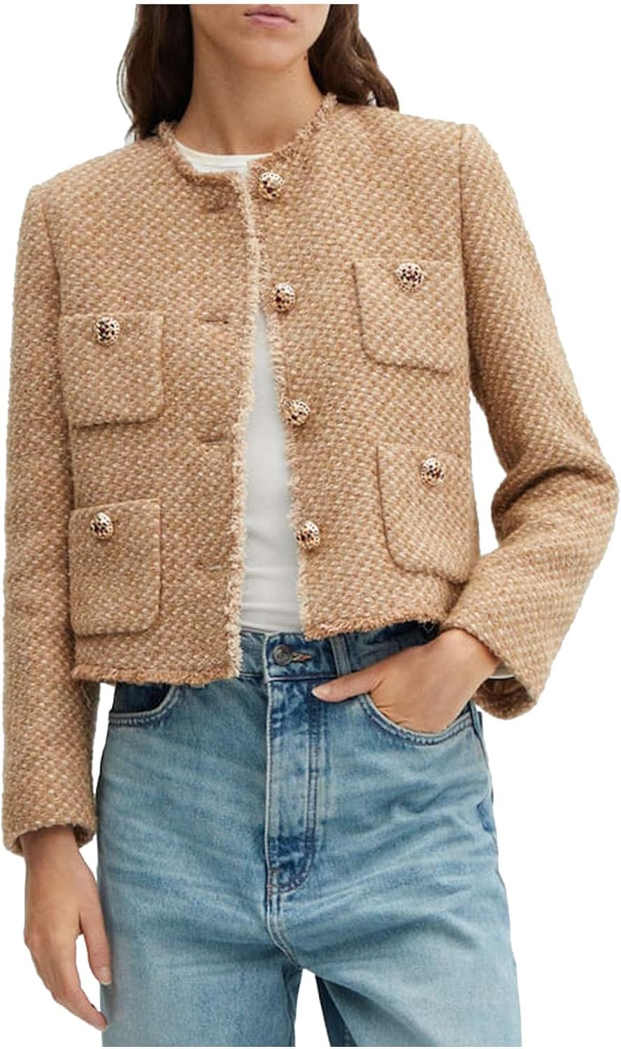 Women’s Collarless Cropped Tweed Blazer Button Down Office Jacket