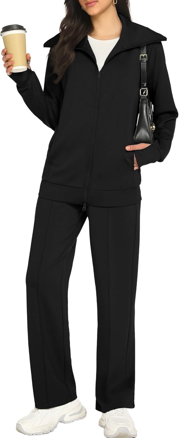 Women’s 2-piece sweatsuit long sleeve double zipper sweatshirt pants set - Image 2