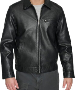 Men’s Faux Leather Racer Jacket with Laydown Collar