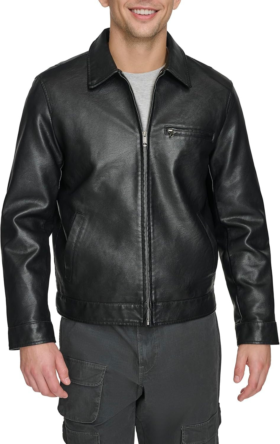 Men’s Faux Leather Racer Jacket with Laydown Collar