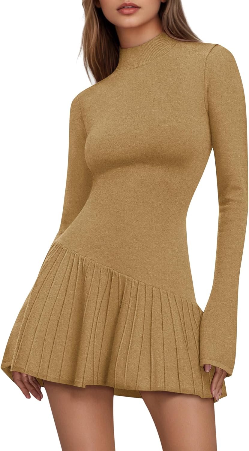 Women’s Crochet Ribbed Knit Mock Neck Sweater Mini Dress with Ruffle Hem