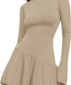 Women’s Crochet Ribbed Knit Sweater Dress Ruffle Hem Mock Neck Mini Dress