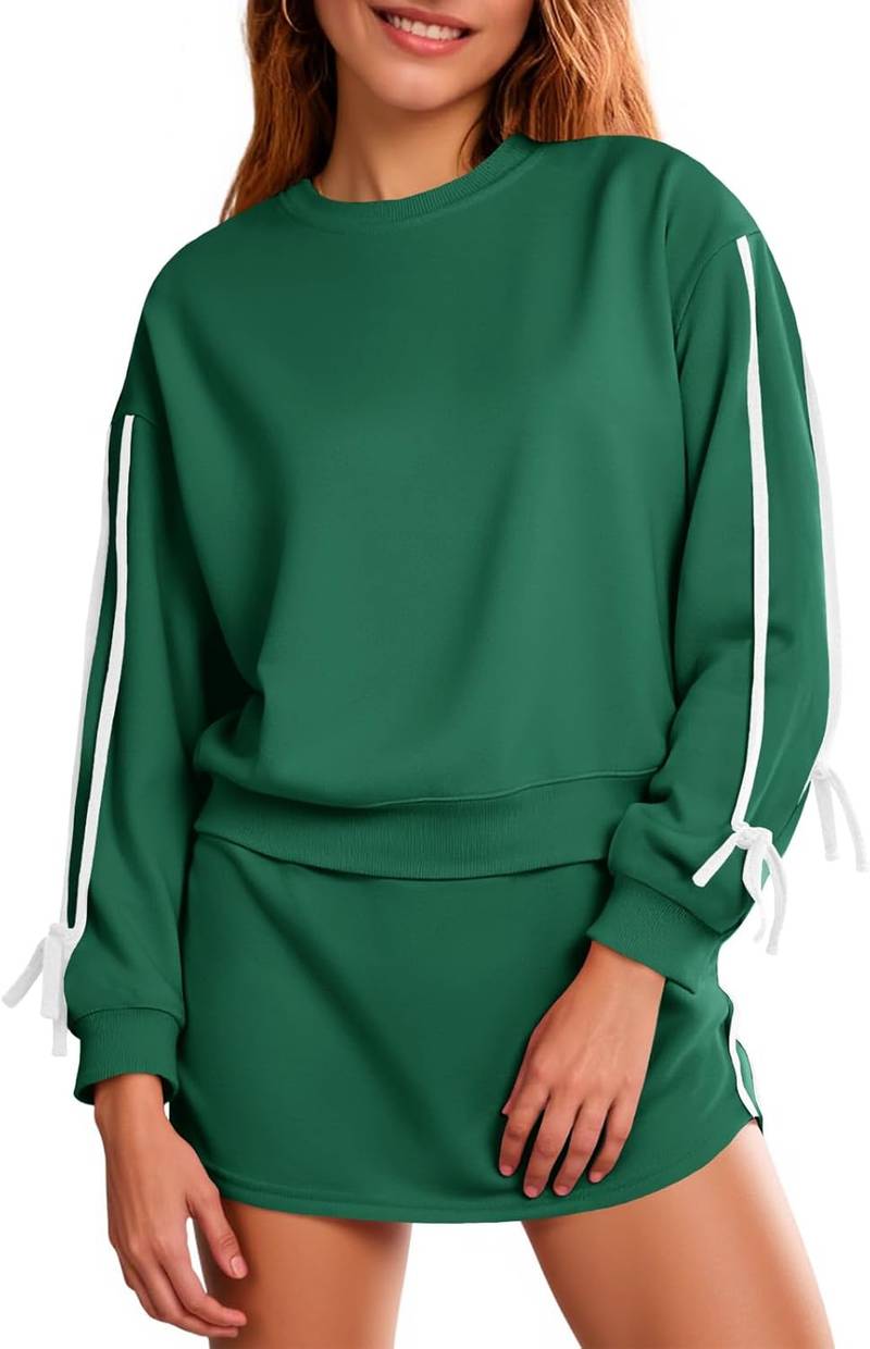 Women’s 2-piece outfit crewneck sweatshirt tie waist skort casual set
