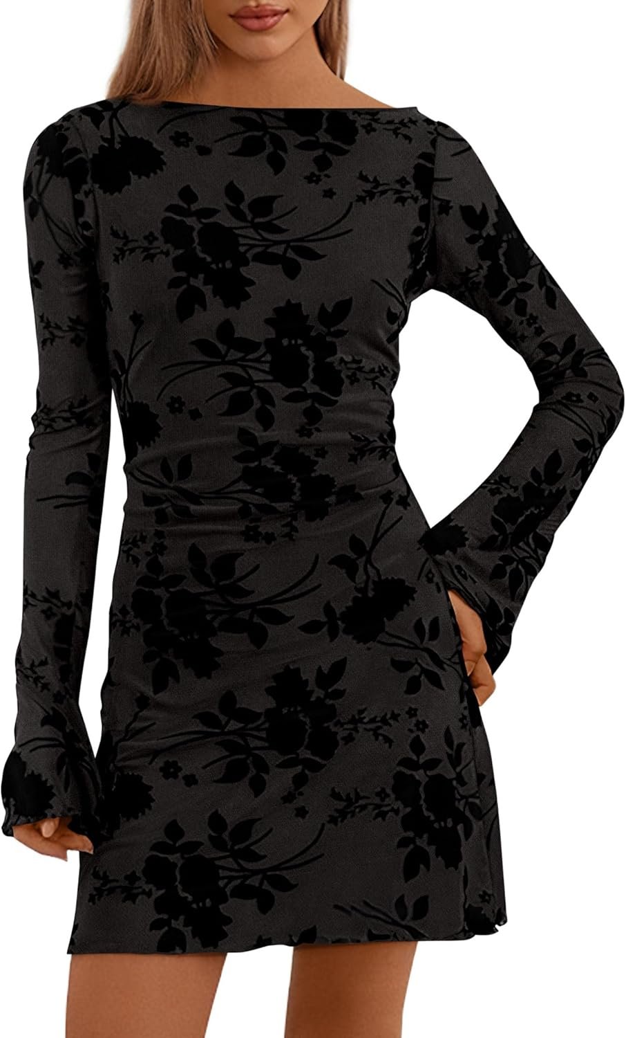 Women’s Floral Mesh Bodycon Mini Dress Long Sleeve Party Outfit