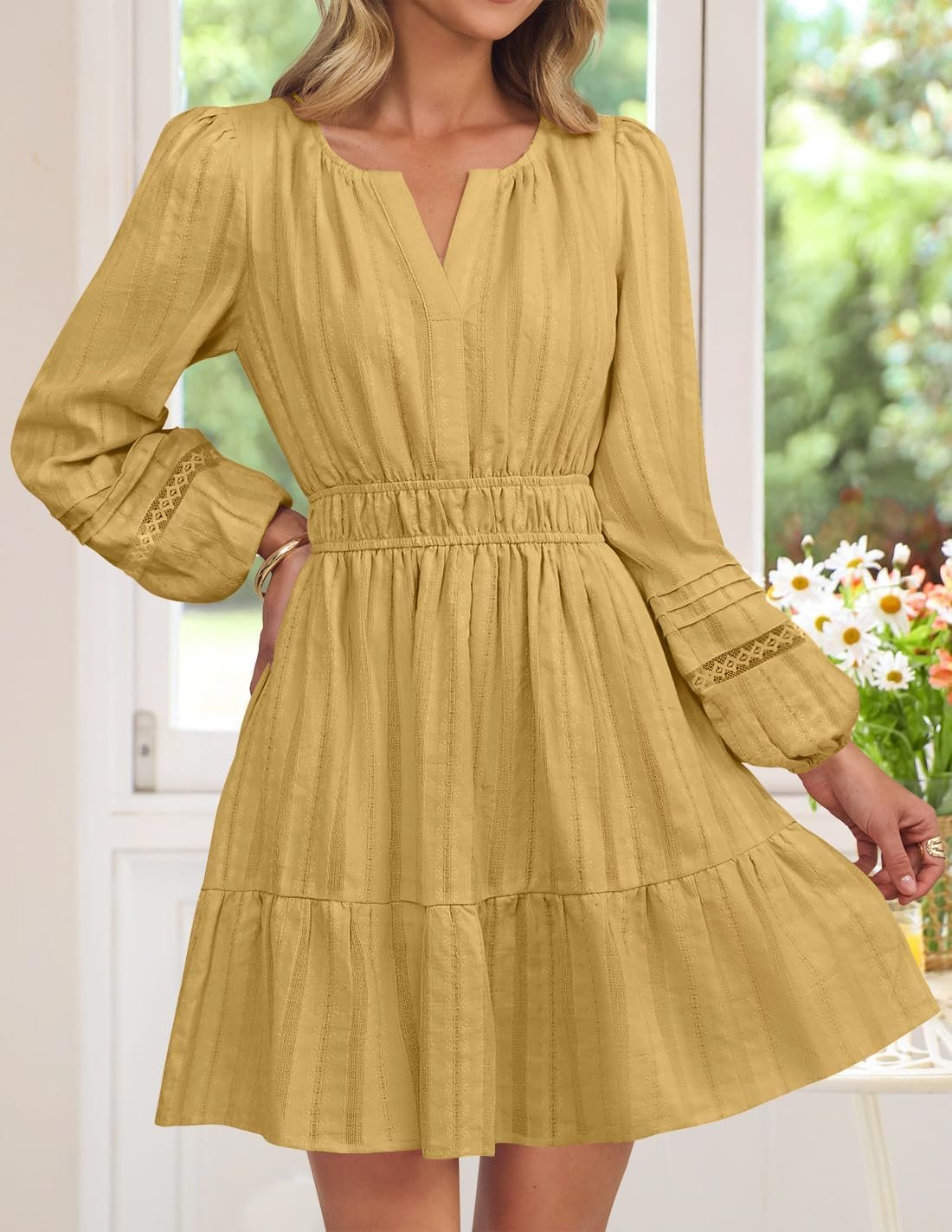 Women’s Long Sleeve V-Neck Mini Dress High Waist Pleated A-Line Party Dress - Image 2