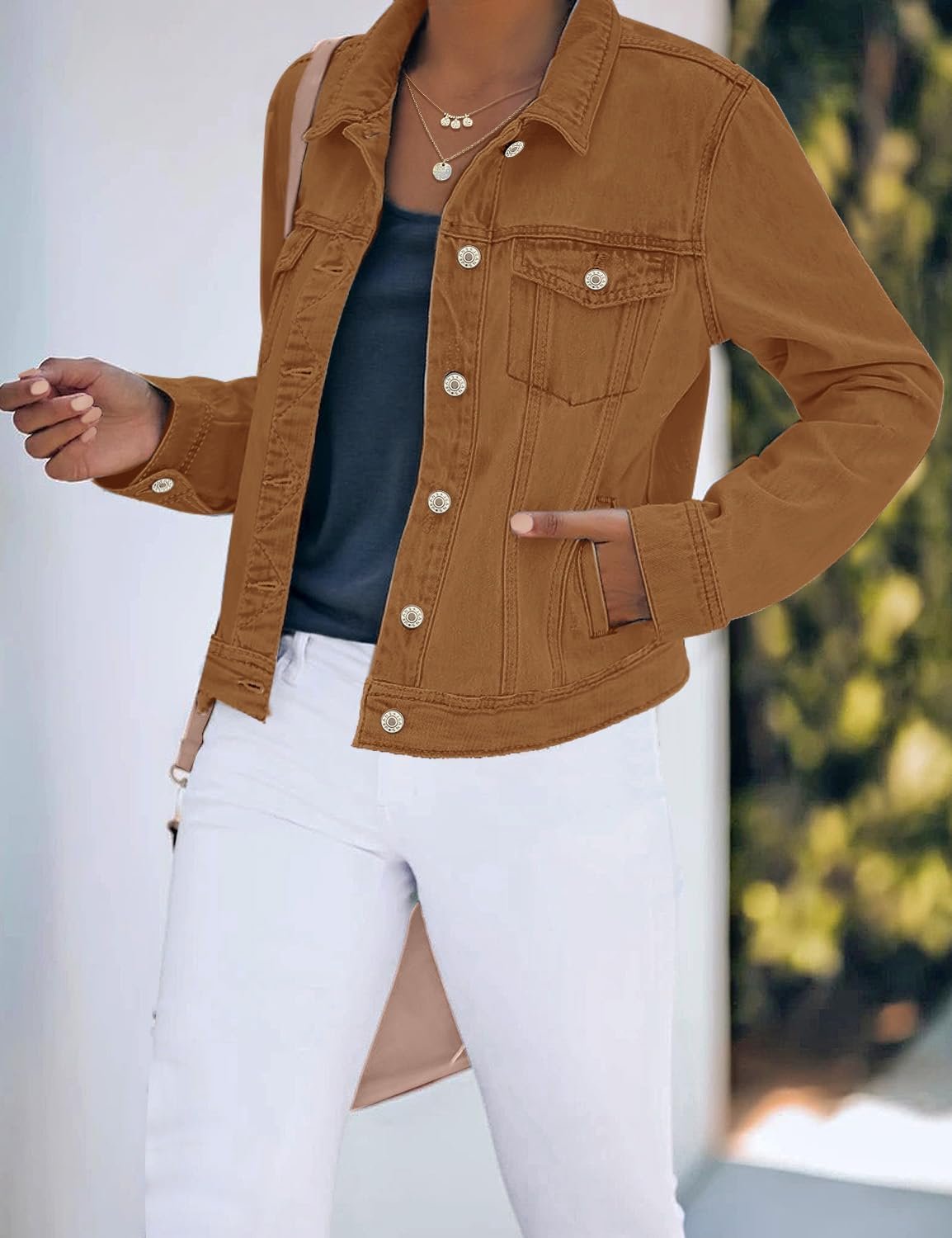 Women’s Stretch Fitted Button Down Denim Jacket Long Sleeve Style - Image 2