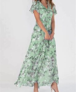 Alternative view of Women’s Elegant Floral Chiffon Maxi Dress V-Neck Short Sleeve Flowy Summer Dress