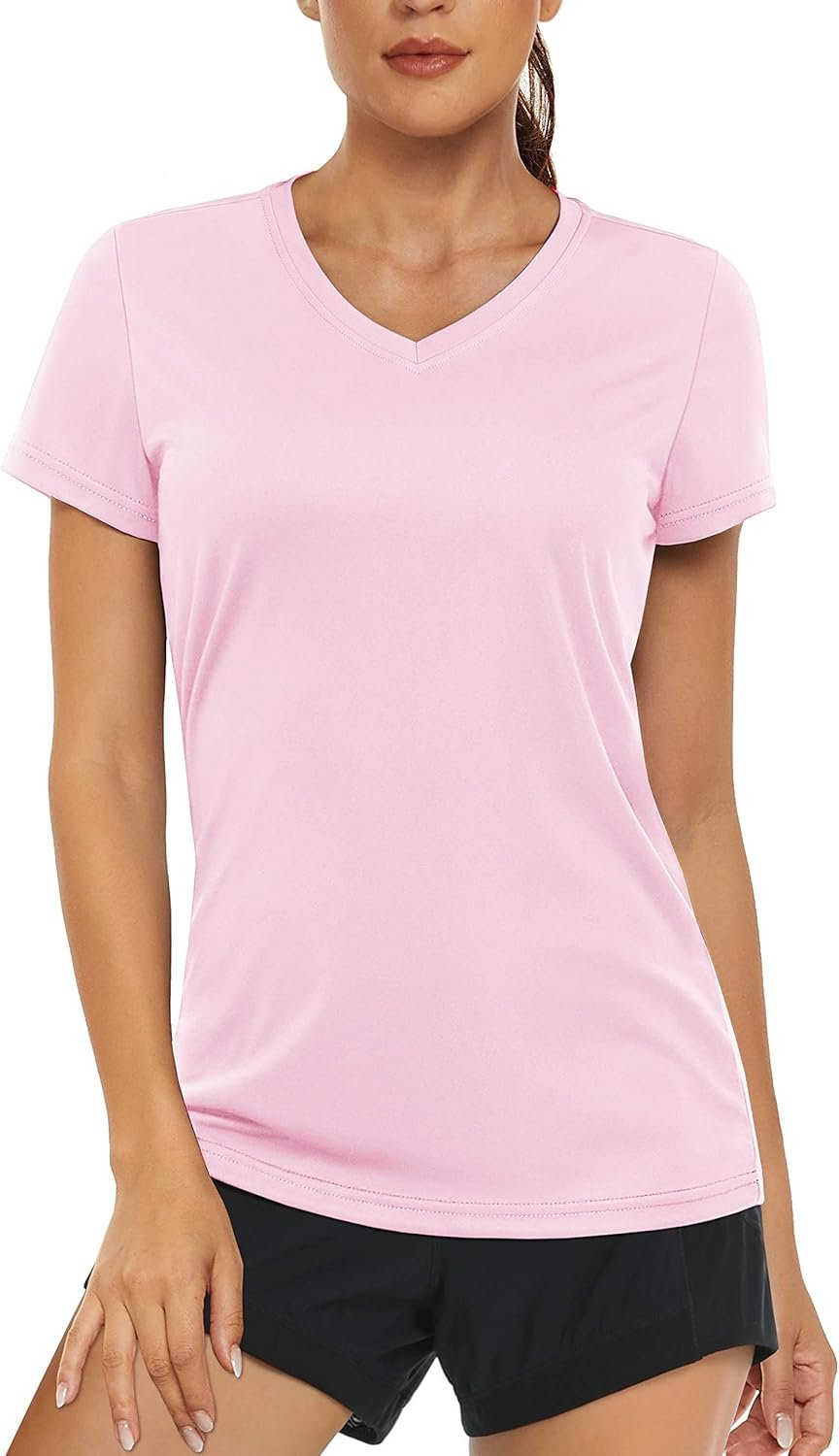 Women’s Pink V-Neck Sun-Protection Short-Sleeve Sports Top