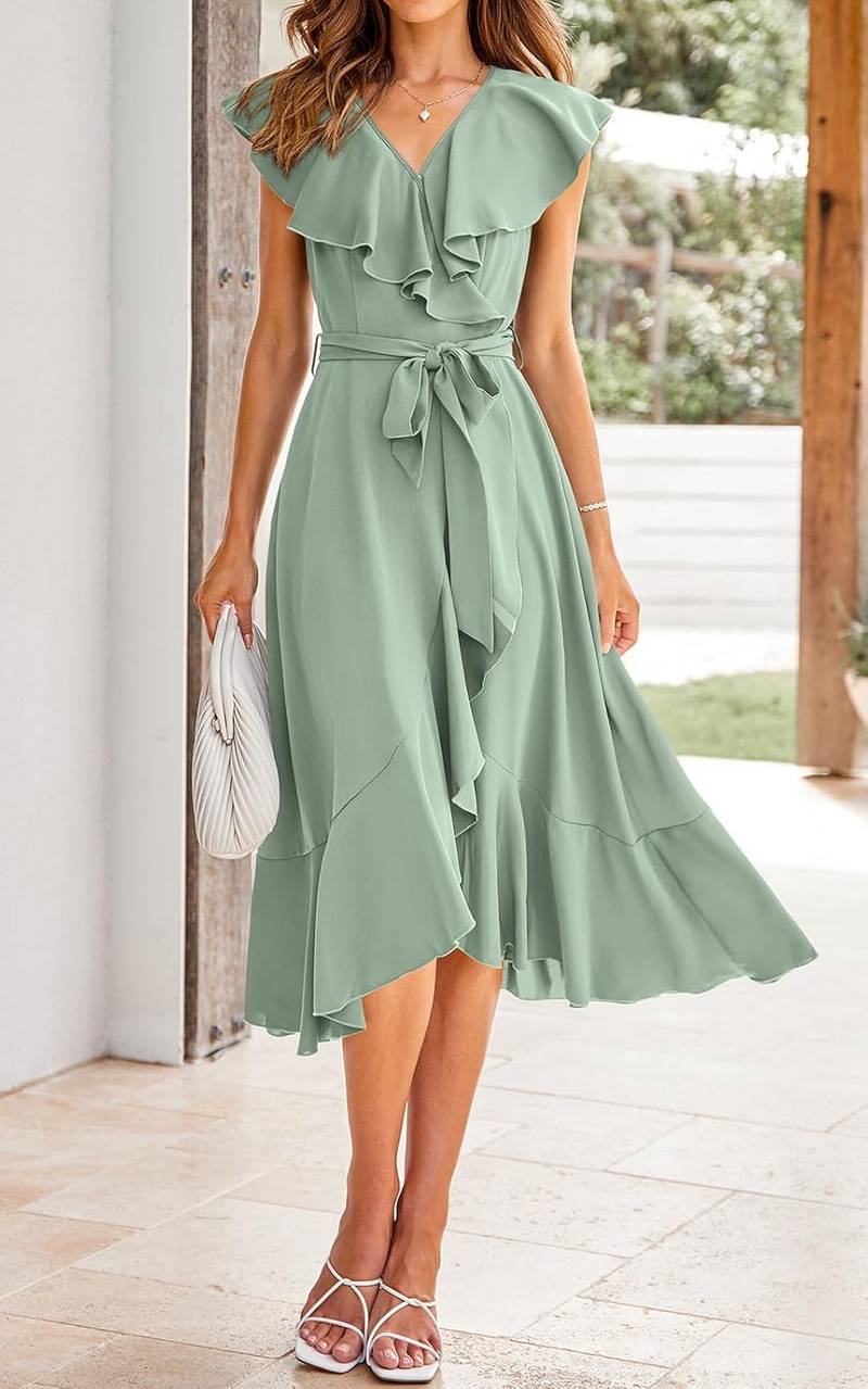 Women’s Cross Wrap Midi Dress Deep V-Neck Short Sleeve Split Hem Boho Dress - Image 2
