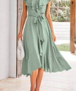 Alternative view of Women’s Cross Wrap Midi Dress Deep V-Neck Short Sleeve Split Hem Boho Dress