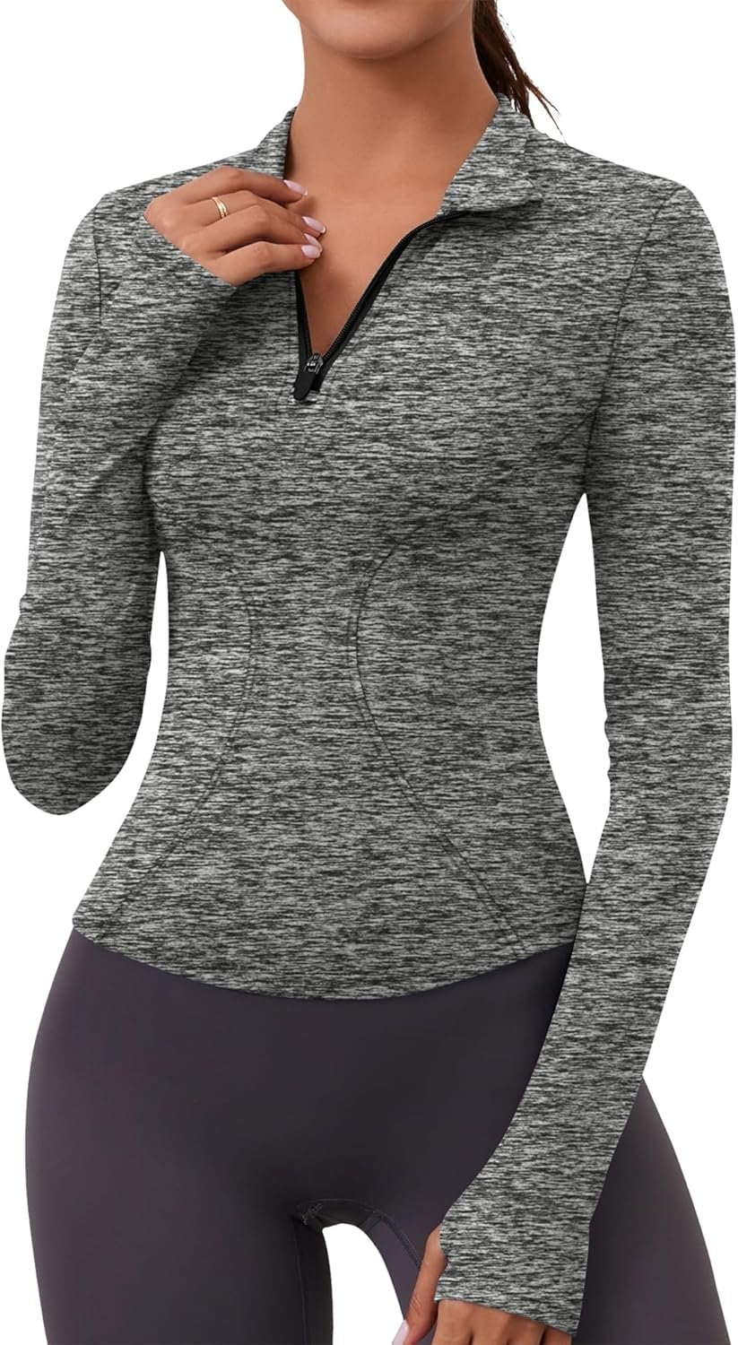 Women’s long sleeve quick-dry quarter-zip crop athletic yoga slim fit workout shirt