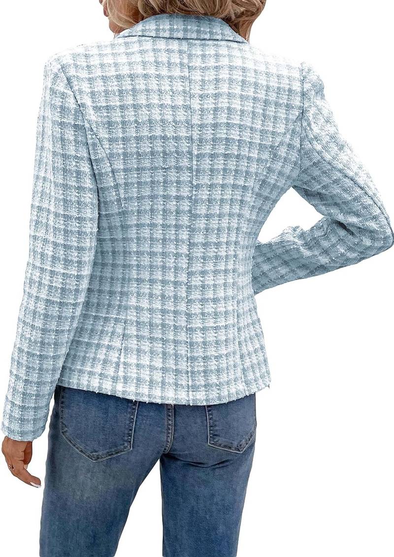 Women’s Plaid Double Breasted Tweed Work Jacket with Pockets - Image 2
