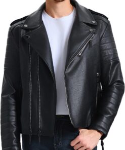 Men’s Faux Leather Biker Jacket Asymmetric Zip Slim Fit Coat