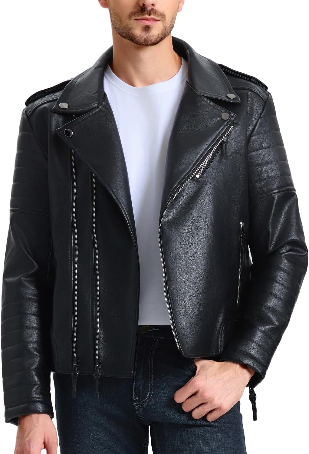 Men’s Faux Leather Biker Jacket Asymmetric Zip Slim Fit Coat