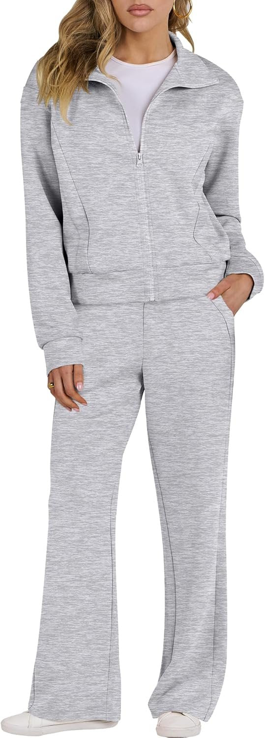 Women’s lounge set 2-piece sweatsuit zip sweatshirt wide leg pants set
