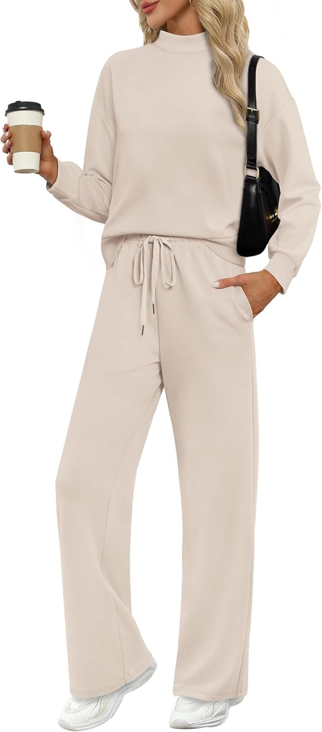 Two-piece fall lounge outfit mock neck top wide leg pants set