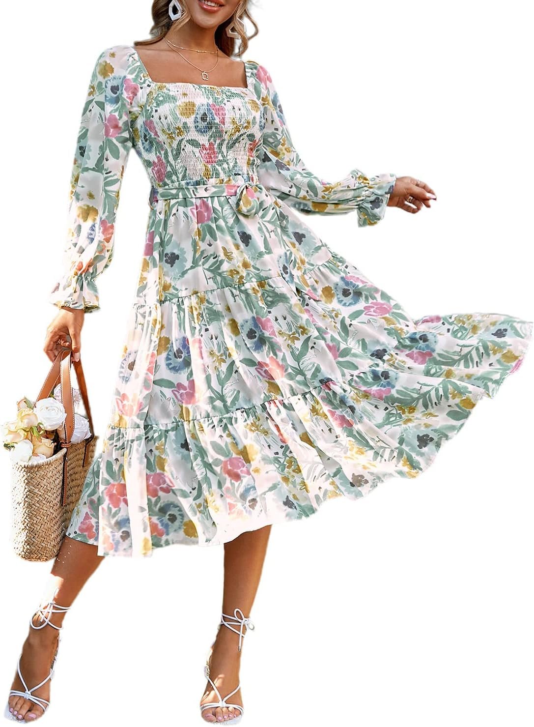 Women’s Boho Floral Square Neck Midi Dress Long Sleeve Smocked Flowy Dress