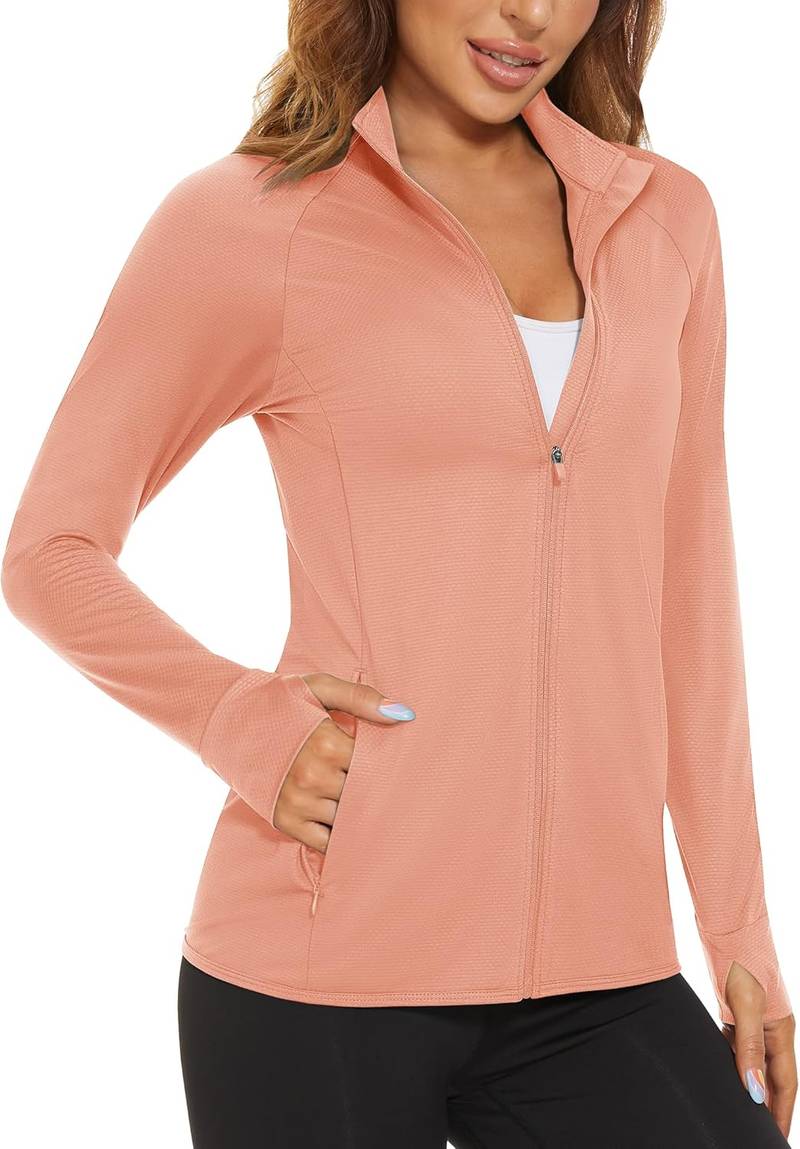 Women’s lightweight athletic jacket UV protection full zip outdoor pocket workout shirt