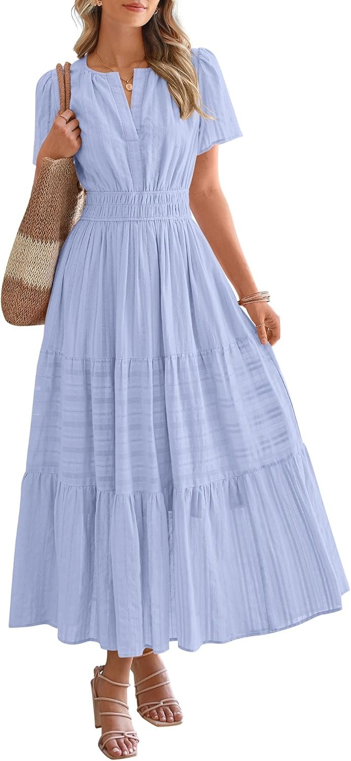 Women’s Casual Short Sleeve V Neck Boho Maxi Dress with Pockets