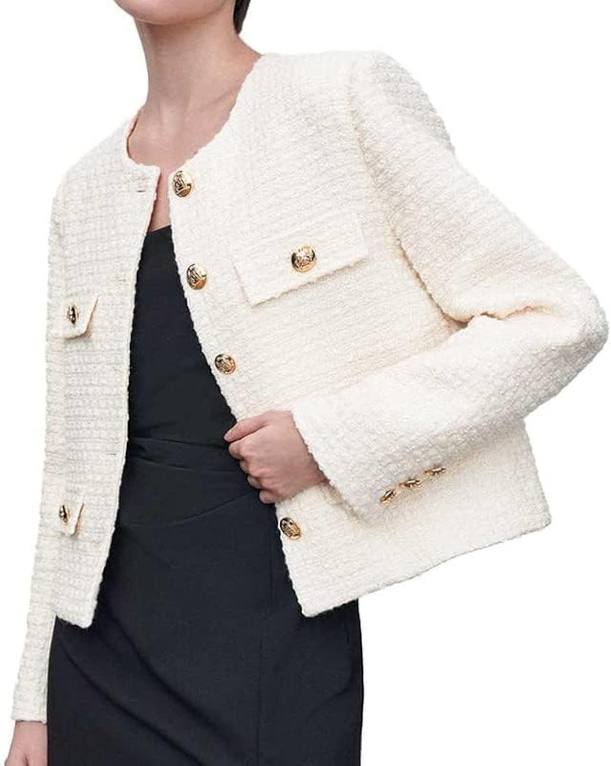 Women’s Cropped Tweed Blazer Long Sleeve Casual Work Jacket