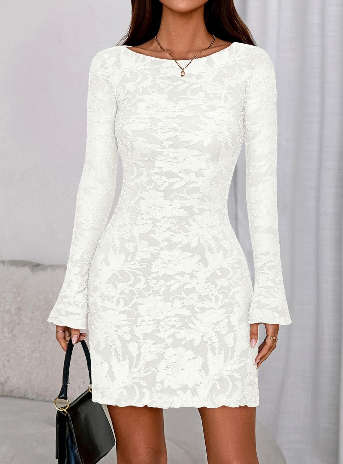 Women’s Floral Mesh Long Sleeve Bodycon Mini Dress - Image 2