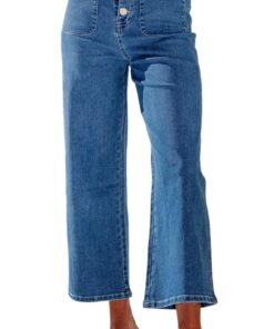 Women’s High Waisted Wide Leg Stretch Straight Denim Jeans with Pockets