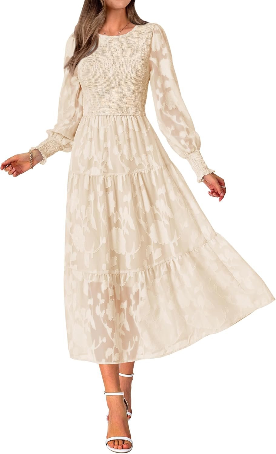 Women’s Long Sleeve Floral Midi Dress Casual Boho Flowy Spring Outfit