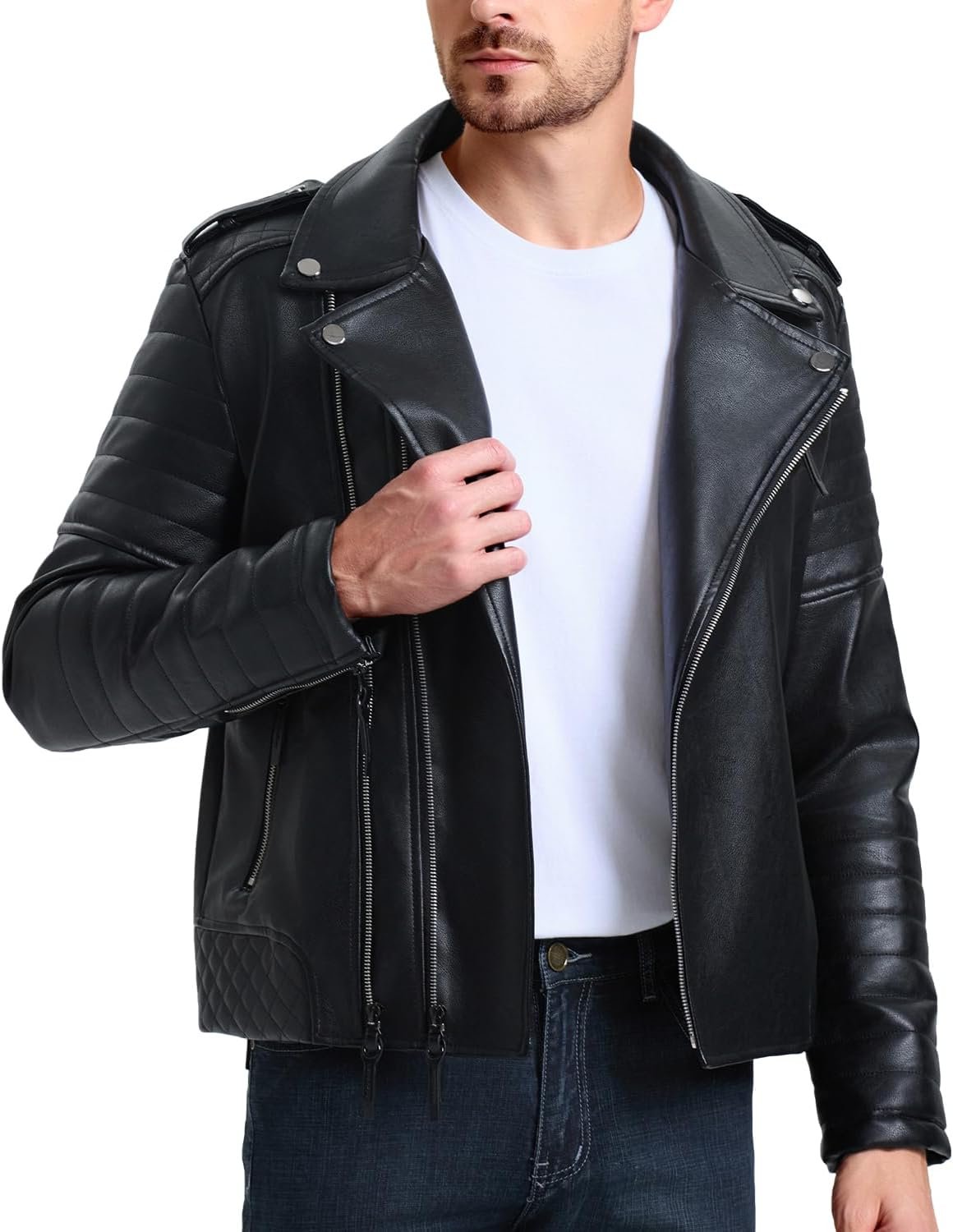 Men’s Faux Leather Biker Jacket Asymmetric Zip Slim Fit Coat - Image 2