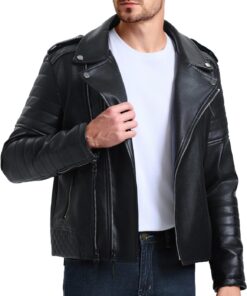 Alternative view of Men’s Faux Leather Biker Jacket Asymmetric Zip Slim Fit Coat