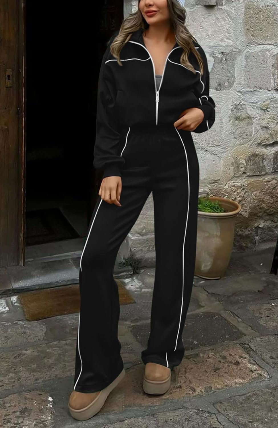 Women’s two-piece tracksuit long sleeve zip sweatshirt pants set - Image 2