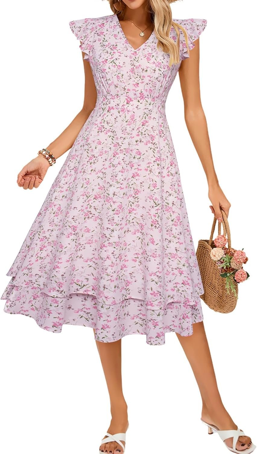 Women’s Floral Ruffle Sleeve V-Neck A-Line Tiered Midi Dress