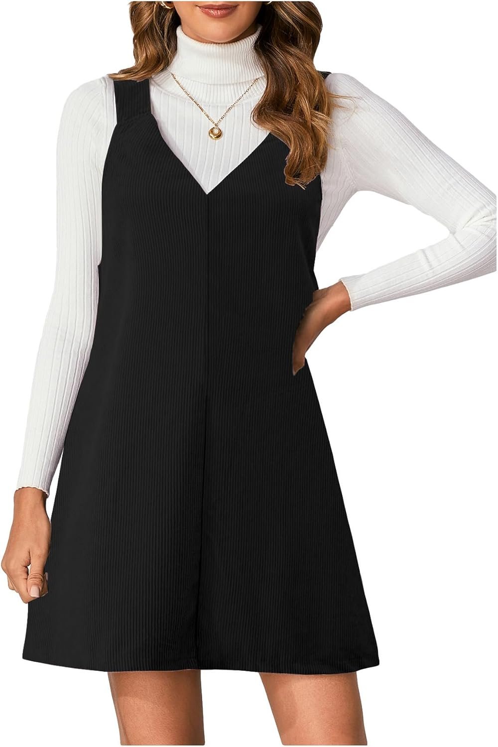 Women’s V-Neck Corduroy Overall Mini Dress Casual Pinafore Style