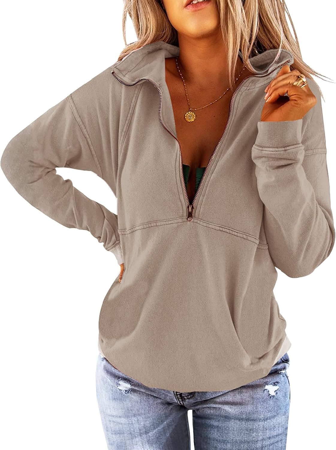 Women’s Long Sleeve Half Zip Pullover Sweatshirt Loose Casual Top