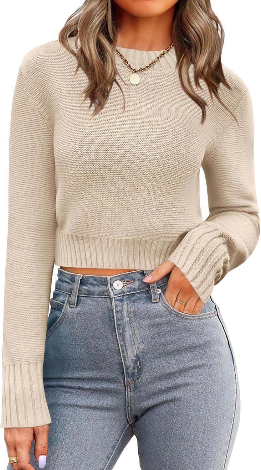 Women’s Cropped Ribbed Knit Sweater Long Sleeve Casual Pullover