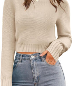 Women’s Cropped Ribbed Knit Sweater Long Sleeve Casual Pullover
