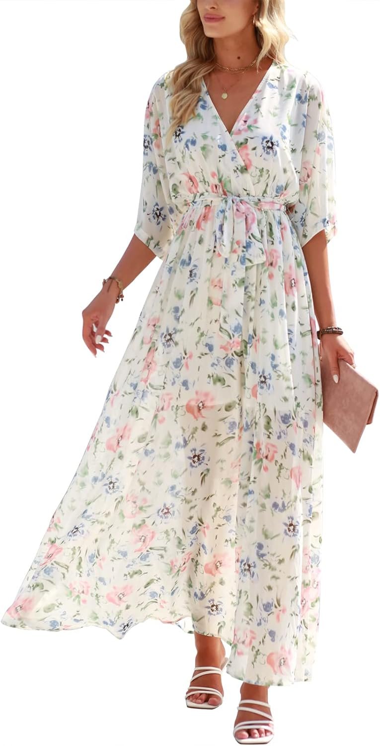 Women’s Boho Floral Wrap V Neck Maxi Dress with Side Slit