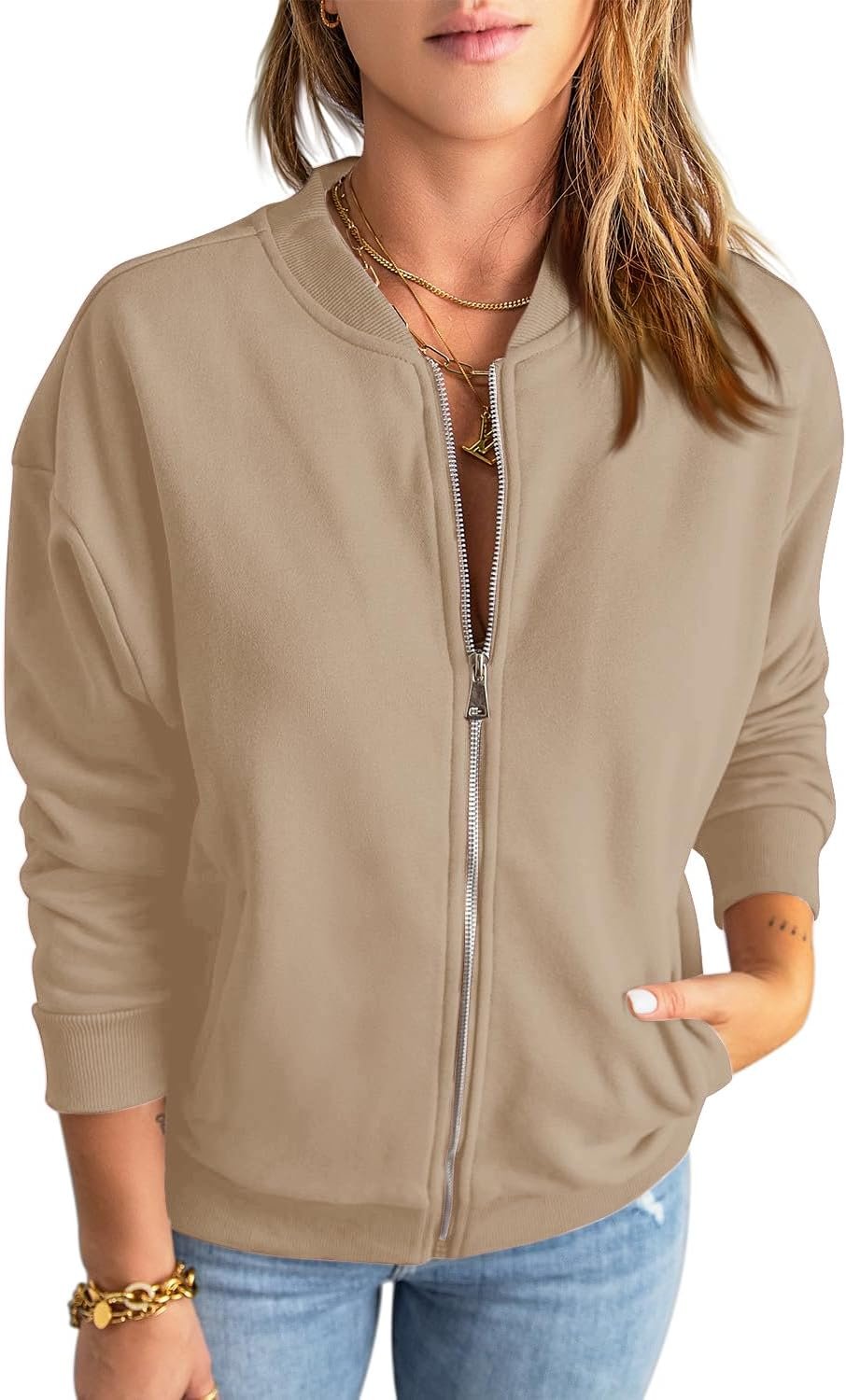 Women’s Zip Up Sweatshirt Jacket Long Sleeve Loose Fit Outerwear with Pockets