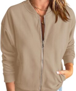 Women’s Zip Up Sweatshirt Jacket Long Sleeve Loose Fit Outerwear with Pockets