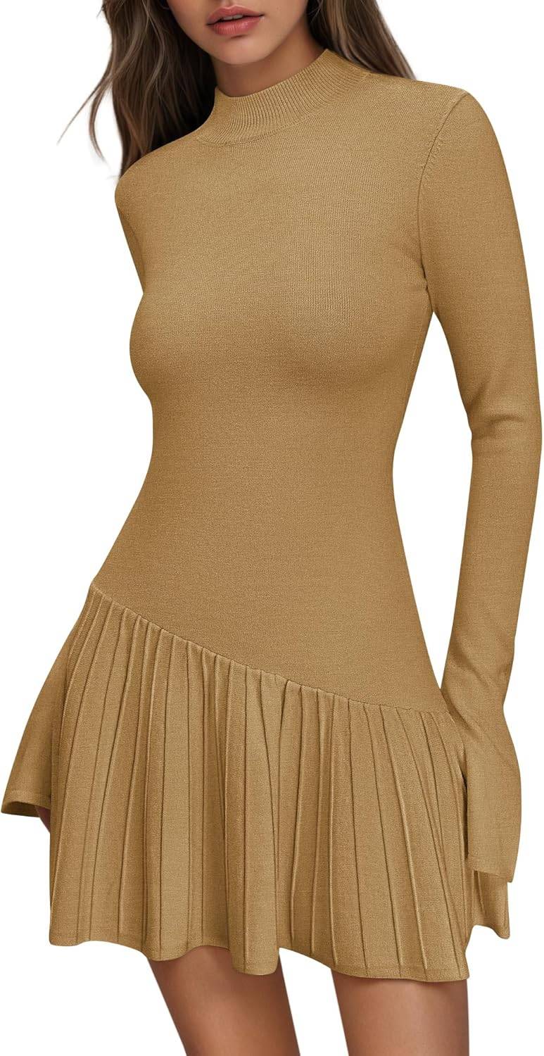 Women’s Crochet Ribbed Knit Mock Neck Sweater Mini Dress with Ruffle Hem - Image 2