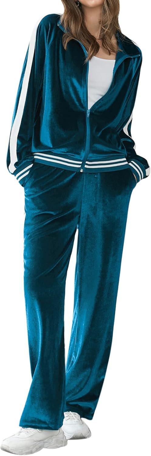Women’s velvet tracksuit 2-piece lounge set zip sweatshirt sweatpants with pockets