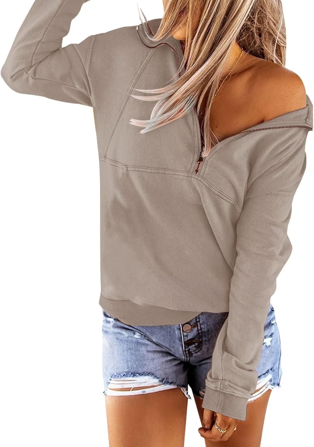 Women’s Long Sleeve Half Zip Pullover Sweatshirt Loose Casual Top - Image 2