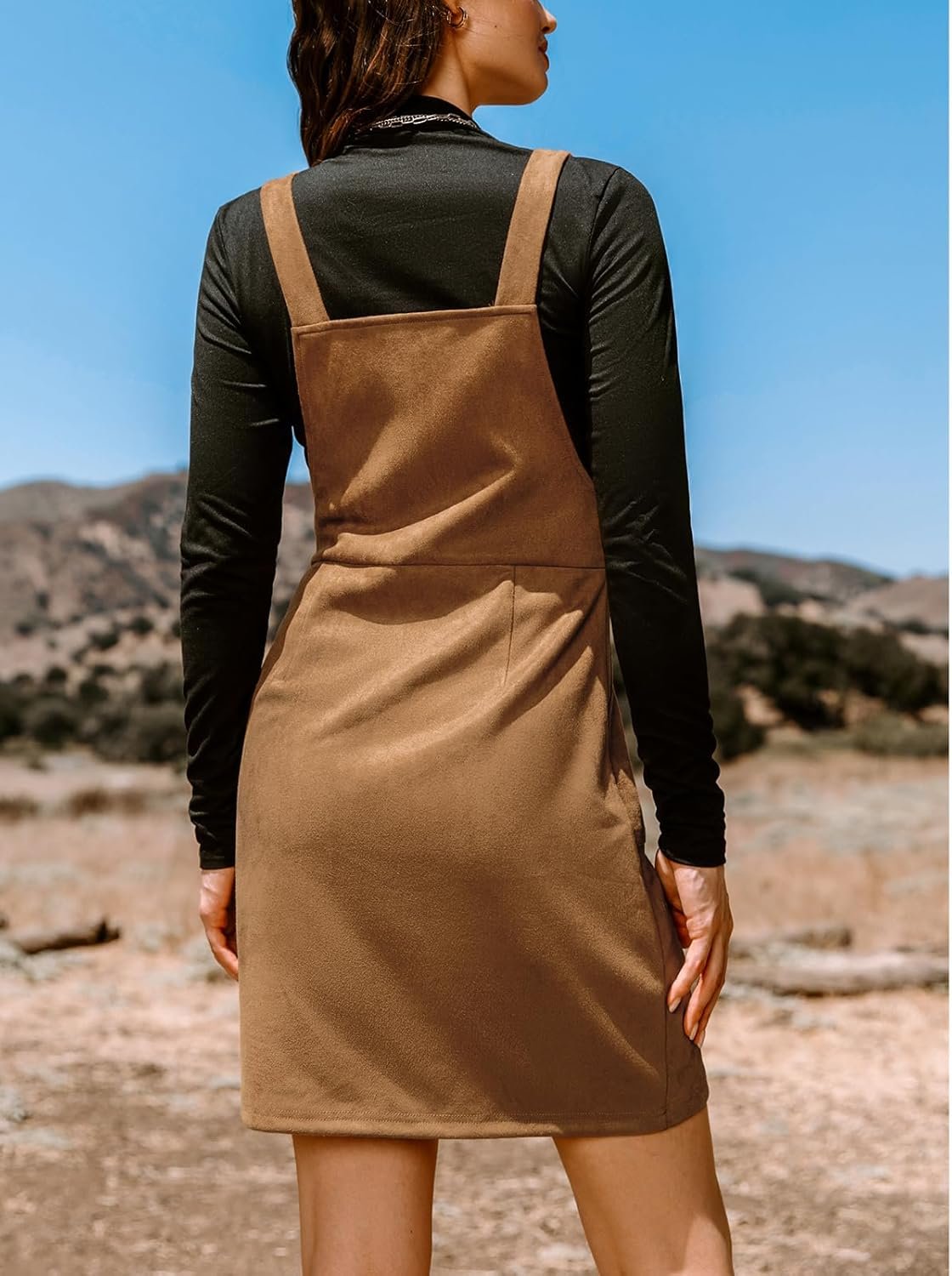 Women’s Faux Suede Mini Dress Square Neck Zipper Front Casual Dress with Pockets - Image 2