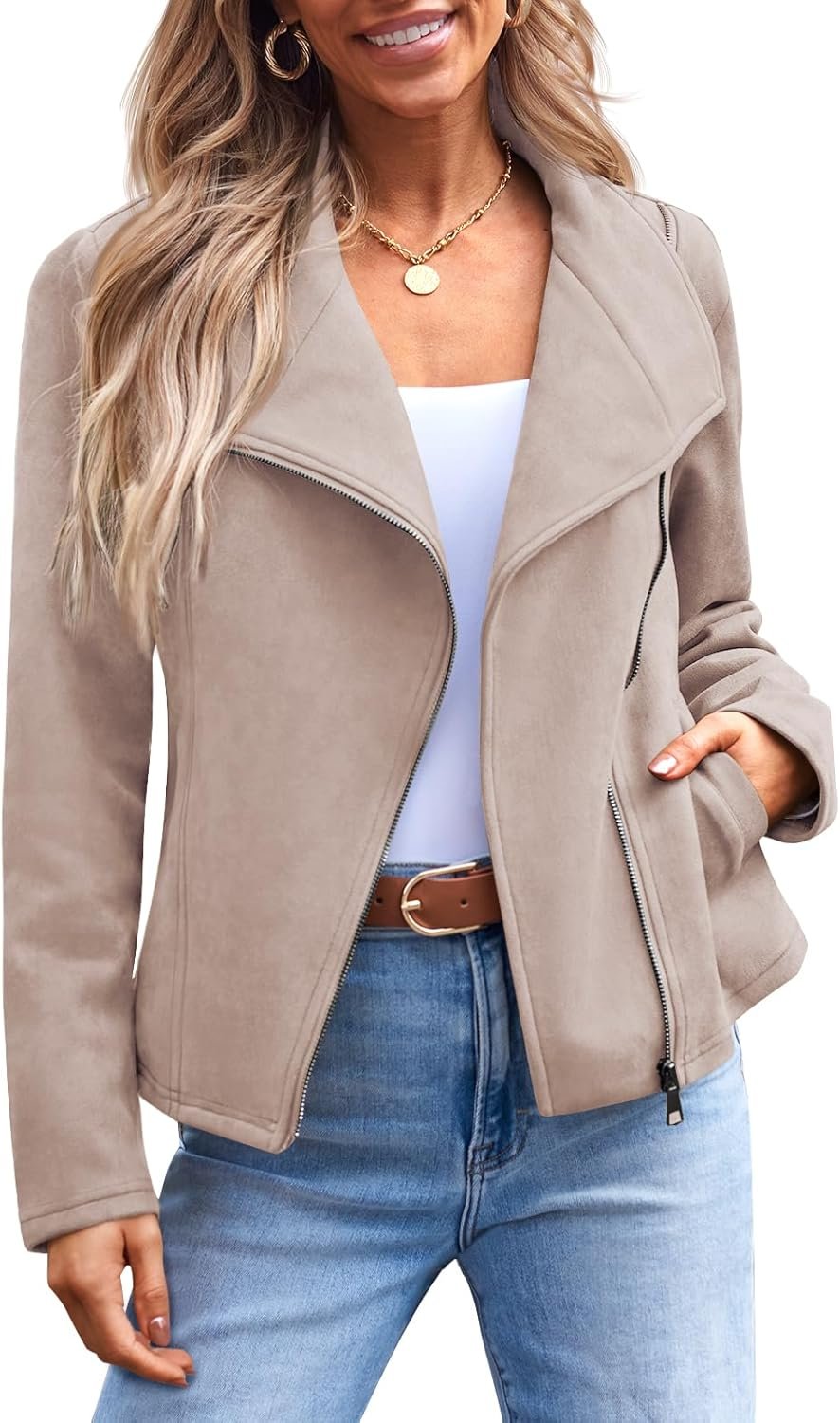 Women’s Faux Suede Cropped Jacket Open Front Casual Outerwear