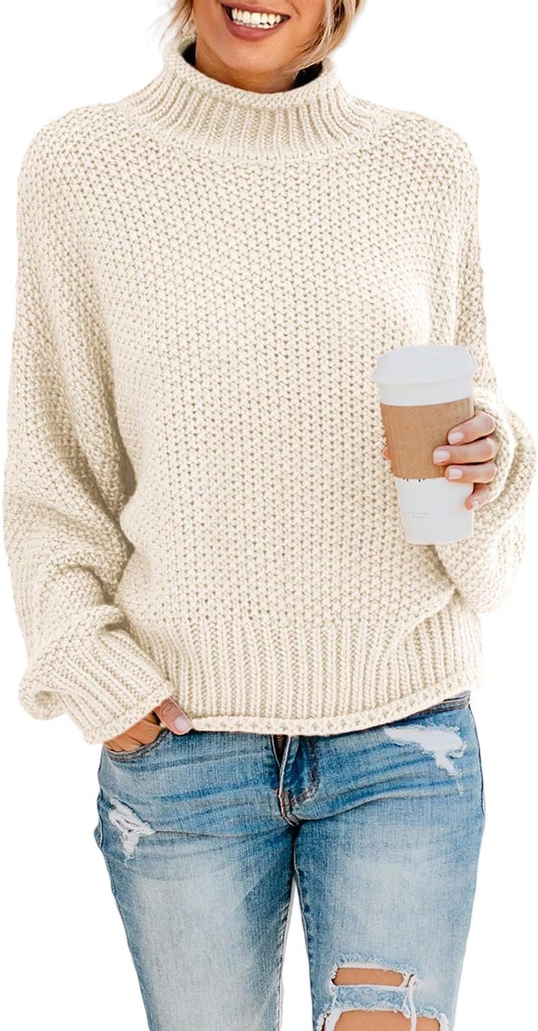 Women’s Solid Turtleneck Balloon Sleeve Knit Sweater Pullover