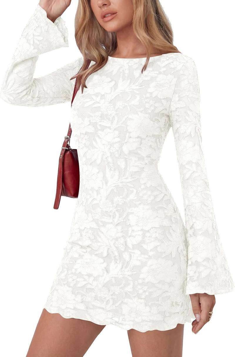Women’s Floral Mesh Long Sleeve Bodycon Mini Dress