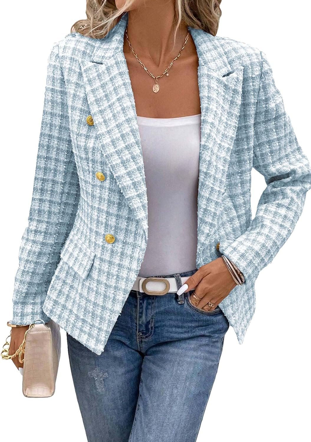 Women’s Plaid Double Breasted Tweed Work Jacket with Pockets